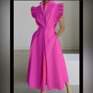 Pleated cap sleeve, pop collar with cross over button pink dress large